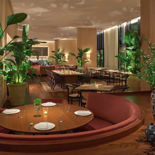 Elegantes Restaurantinterieur mit warmem Licht, großen grünen Topfpflanzen und runden Esstischen, die für eine Mahlzeit gedeckt sind.