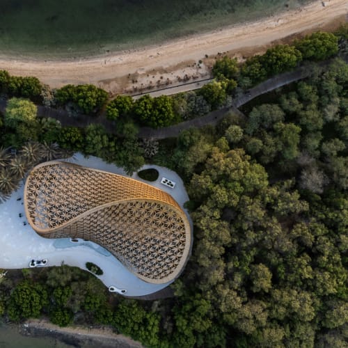 An aerial view of a unique, curved wooden structure surrounded by lush greenery and a paved area, with a beach and road in the background.