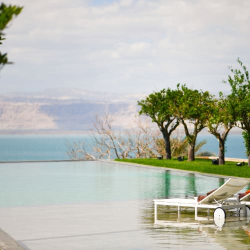 Infinity-Pool mit Blick auf das Tote Meer, mit Liegestühlen und Bäumen im Hintergrund.