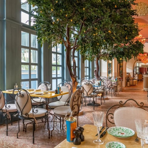 Elegantes Restaurantinterior mit großen Fenstern, Orangenbaum und klassischer Dekoration.