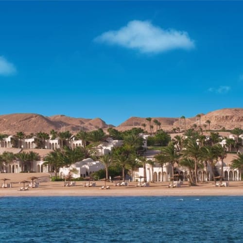 Luxurious resort with white buildings, surrounded by green palm trees, located on a sandy beach by blue waters under a clear sky.