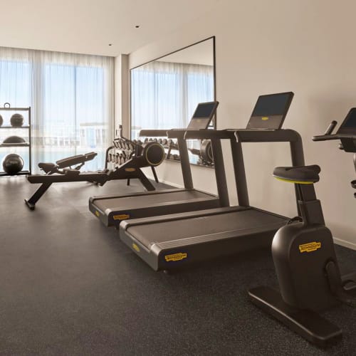 Moderner Fitnessraum mit Laufband, stationärem Fahrrad, Hantelbank und Gymnastikbällen in der Nähe großer Fenster.