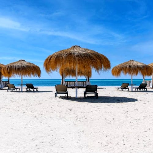 Leere Strandhütten mit Strohdächern entlang eines weißen Sandstrands unter klarem blauen Himmel.