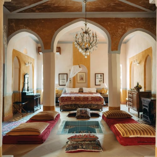 Luxus-Suite mit Brunnen in einem dekorierten Zimmer mit traditioneller Möblierung, prächtigem Kronleuchter und bunten Kissen.