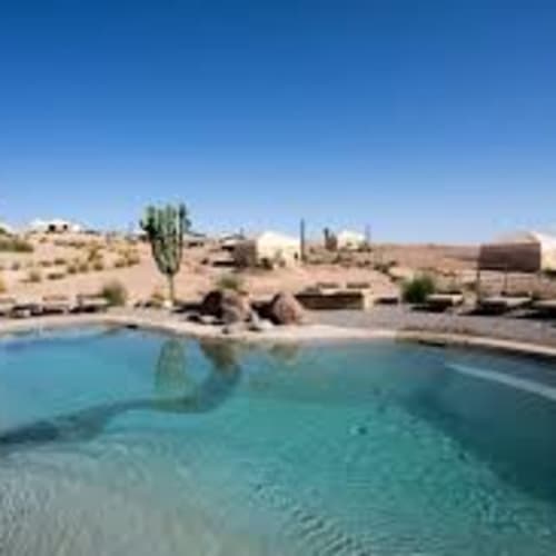 Ein Swimmingpool in einer Wüstenlandschaft mit kleinen Gebäuden und einem Kaktus unter klarem blauen Himmel.