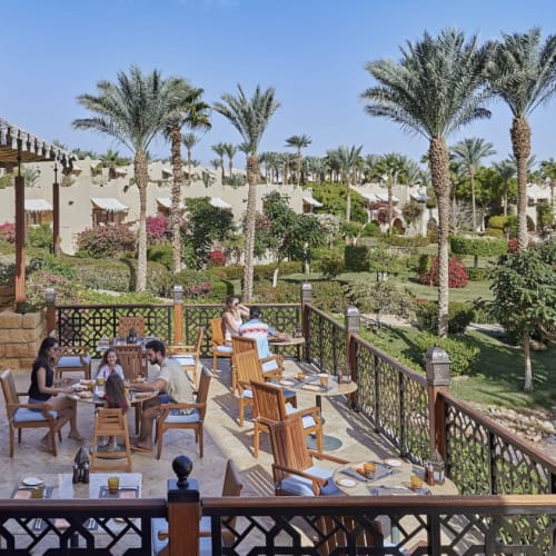 Gäste, die auf einer Terrasse mit Blick auf einen gepflegten Garten mit Palmen im Resort speisen.