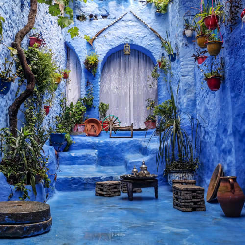 Ein lebendiger blauer Innenhof in Chefchaouen, Marokko, dekoriert mit Topfpflanzen, hängenden Blumen und traditionellem Geschirr.