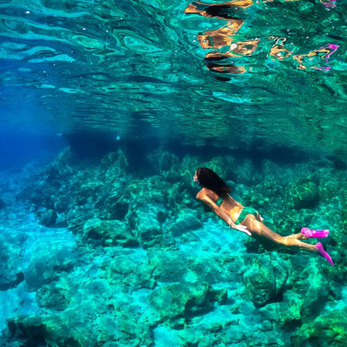 A woman in a swimsuit and pink fins swimming underwater over a rocky coral reef in the Red Sea.