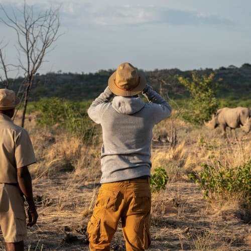 Two safari guides observe a herd of elephants in a dry landscape in Namibia.
