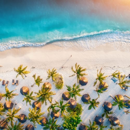 Aerial view of a tropical beach with palm trees and 'love' spelled out with umbrellas and rocks near the shoreline.