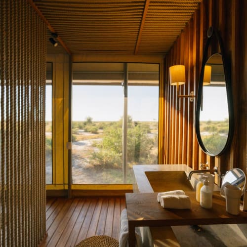 Sunlight enters a modern bathroom with wooden decor and a view of nature through large glass windows.