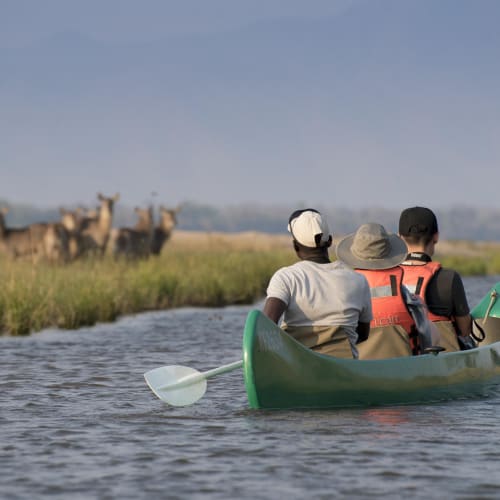 Drei Menschen in einem Kanu beobachten eine Giraffen-Gruppe in der Nähe des Wassers in Mana Pools, Simbabwe.