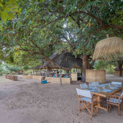 Ein Outdoor-Essbereich unter großen Bäumen mit einem Tisch und Stühlen auf Sandboden bei einem Camp.