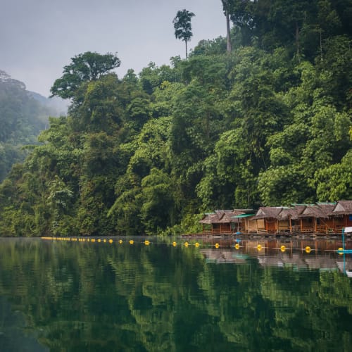 A serene riverside scene with lush green forest and wooden houses in Thailand reflected in calm water.