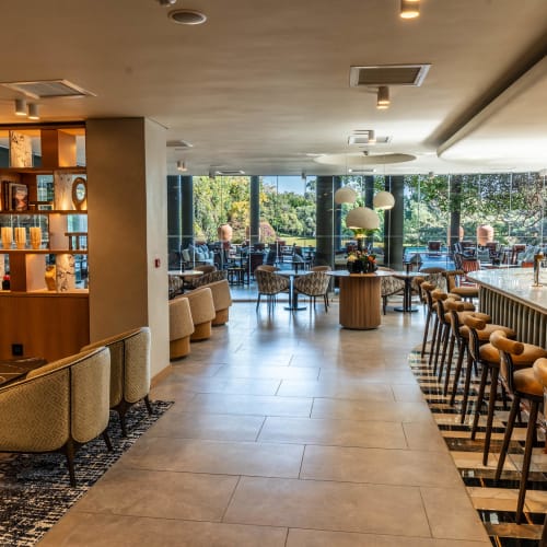 An elegant hotel lounge or restaurant with a seating area on the left, a bar on the right, and large windows showing an outdoor view with trees and cars.
