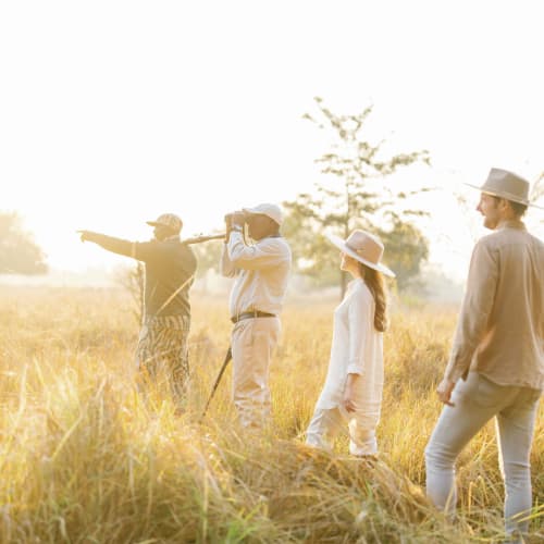 Eine Gruppe von fünf Personen, darunter zwei Kinder, macht eine Wander-Safari in einem grasbewachsenen Feld bei Sonnenuntergang. Sie tragen leichte Kleidung und Hüte, zwei von ihnen haben Kameras oder Ferngläser.