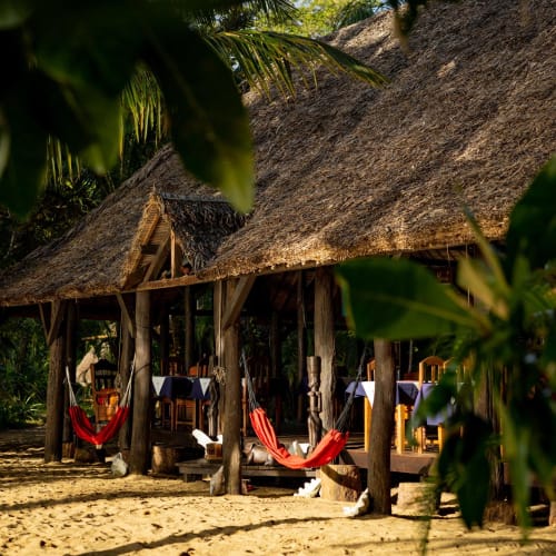 Beachfront huts with thatched roofs and outdoor seating surrounded by tropical trees.