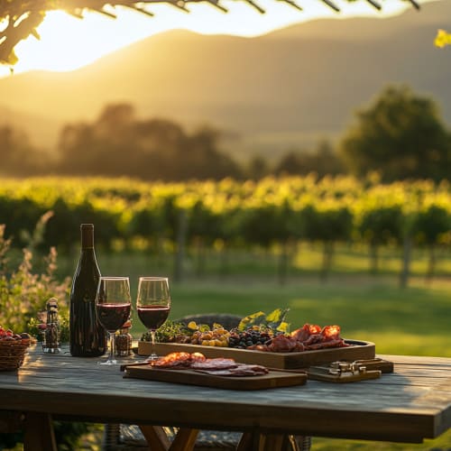 A picturesque outdoor dining scene in a vineyard during sunset with a table set with wine bottles, glasses, and snacks.