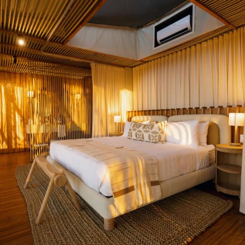 A cozy bedroom with warm golden lighting, a large bed with decorative pillows, and curtains that let in sunlight, creating a welcoming ambiance.