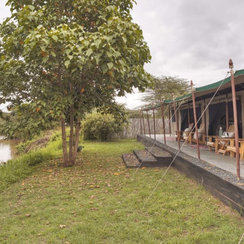 Familienzelt am Bush Camp mit Flussblick, umgeben von Bäumen und Grünflächen, an einem bewölkten Tag.