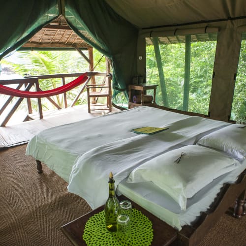 A cozy tent bedroom with a bed, pillows, and a small table with bottles in a lush forest setting.