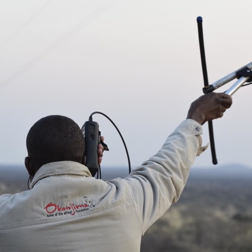 Eine Person hält eine Funkantenne und ein Kommunikationsgerät, steht im Freien in einer weiten Landschaft.