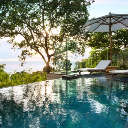 Infinity pool with lounge chairs and a white umbrella beside it, overlooking lush greenery and a tree at sunset.