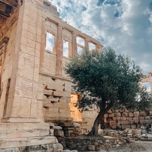 Ancient Erechtheion temple with carved stone columns and walls, an olive tree in the foreground and a partly cloudy sky above in Athens.