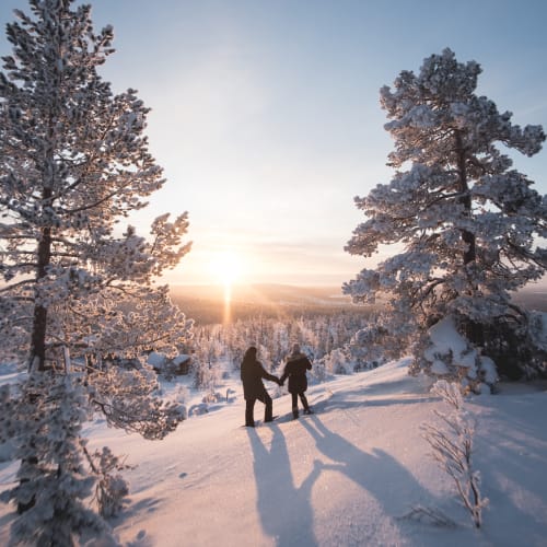 Two people holding hands while walking through a snowy landscape at sunset, surrounded by snow-covered trees and casting long shadows on the snow.