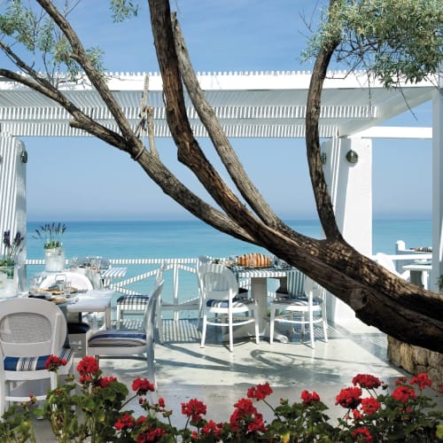 Outdoor restaurant with white furniture, a large tree, and a view of the sea in Halkidiki, Greece.