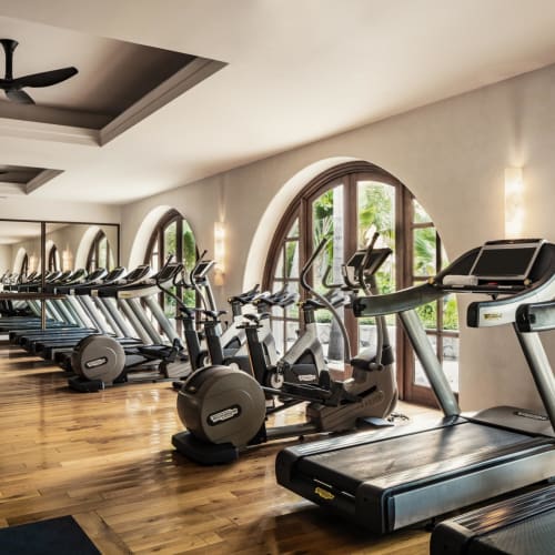 Modernes Fitnessstudio mit Cardio-Geräten und großen, bogenförmigen Fenstern in einem gut beleuchteten Raum.