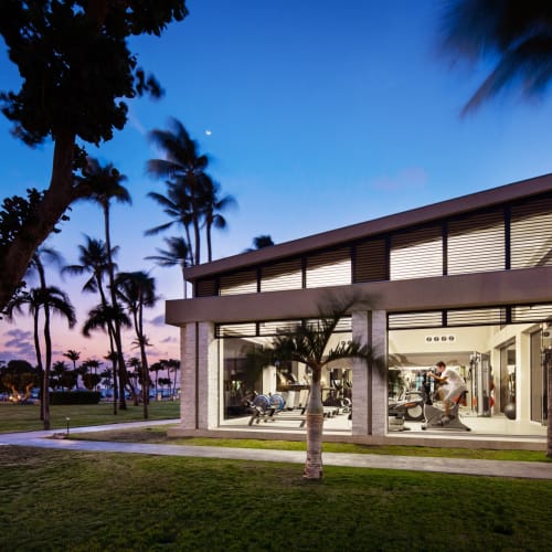 Modern fitness center with large glass windows, surrounded by palm trees during sunset.