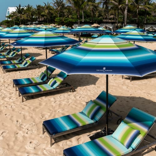 Rows of striped blue and green beach umbrellas and lounge chairs arranged neatly on a sandy beach with palm trees in the background.