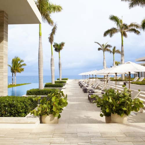 Ein luxuriöser Außenpoolbereich im Four Seasons Resort und Residences Anguilla mit Liegestühlen, Sonnenschirmen und Palmen mit Blick auf das Meer.