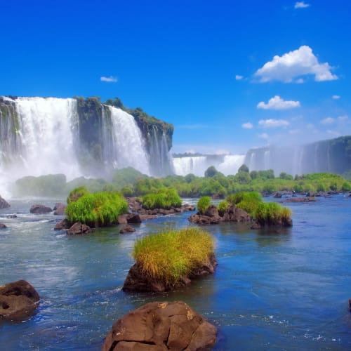 Vast Iguazu Falls cascading down with lush green islands in the foreground under a bright blue sky.