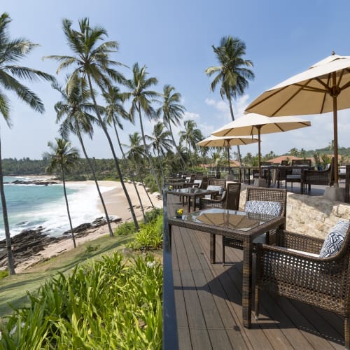 A seaside restaurant patio with outdoor tables and chairs shaded by large umbrellas, overlooking a beach with palm trees and ocean waves.