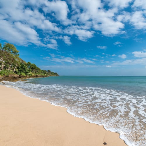 Ein ruhiger Strand mit hellem goldfarbenem Sand, sanften Wellen und üppigem Grün auf der linken Seite, unter einem hellblauen Himmel mit verstreuten Wolken.