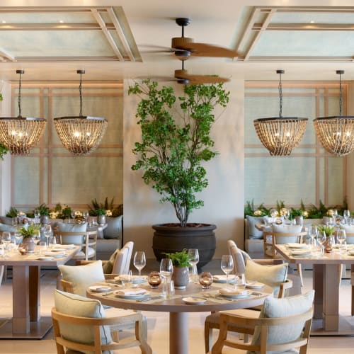 Elegantes Restaurant Inneneinrichtung mit runden und rechteckigen Tischen, gedeckt mit Glaswaren und Besteck, große Topfpflanzen und hängende Kronleuchter.