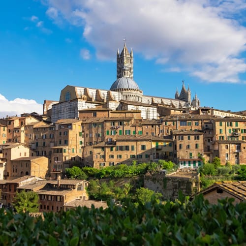 View of the historic cityscape of Siena, Italy, with medieval buildings and the prominent Siena Cathedral under a partly cloudy sky.