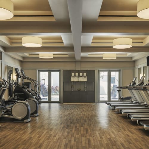 Modernes Fitnessstudio mit Crosstrainern auf der linken Seite und Laufbändern auf der rechten Seite, große Fenster im Hintergrund.