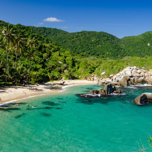 Tropischer Strand mit üppigen grünen Bergen und Palmen entlang der Küste in Kolumbien.