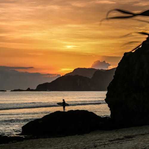 A person stands on a rock by the shore during a sunset, with a large rocky formation and some palm fronds visible in the foreground on a beach.