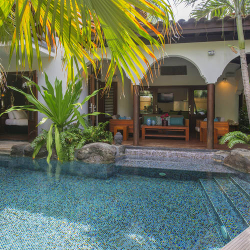 Luxuriöse Villa mit privatem Pool, umgeben von tropischen Pflanzen und Bäumen an einem sonnigen Tag.