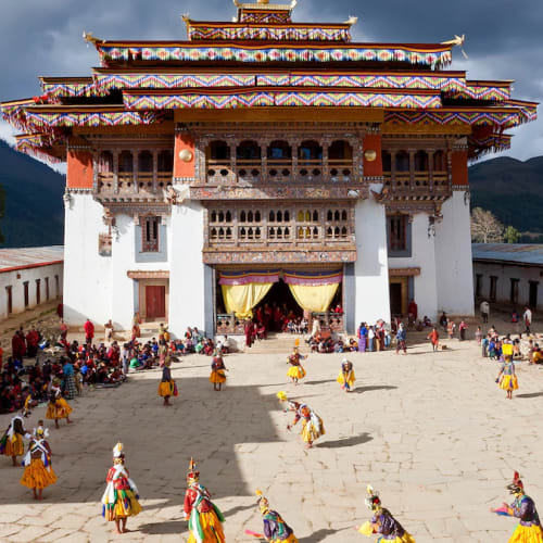 Menschen, die an einem traditionellen Festtanz im Hof von Gangtey Dzong in Bhutan teilnehmen, mit einem großen historischen Gebäude und Bergen im Hintergrund.