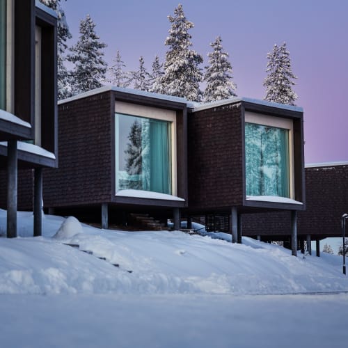 Modern dark wooden Arctic treehouse cabins elevated on stilts, surrounded by snow and snow-covered pine trees at dusk.