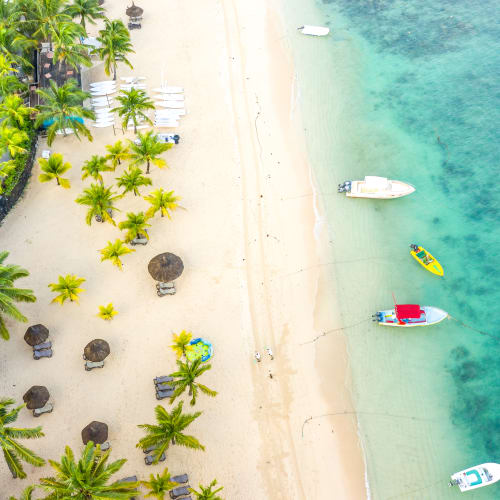 Aerial view of a tropical beach with palm trees, thatched umbrellas, lounge chairs, and boats anchored in clear turquoise water.