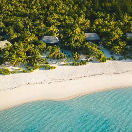 Luftaufnahme von luxuriösen Strohdach-Villen, die zwischen üppig grünen Palmen an einem unberührten weißen Sandstrand eingebettet sind.