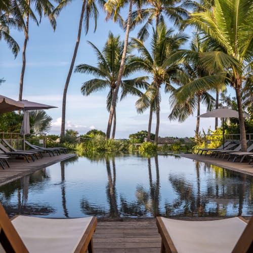 Ein ruhiger Außenpool, umgeben von Palmen und Liegestühlen mit Sonnenschirmen unter klarem blauem Himmel.