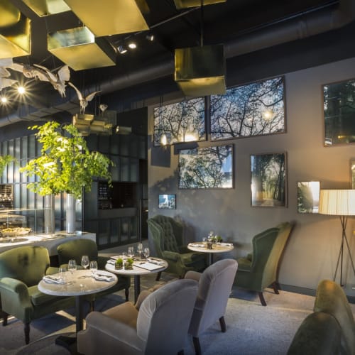 Elegant restaurant interior with plush armchairs, large windows, and decorative ceiling art featuring seagulls.