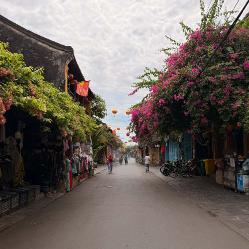 Eine ruhige Straße in Hoi An gesäumt von alten Gebäuden, bunten Blumen und hängenden Laternen, mit einigen wenigen Menschen, die unter einem bewölkten Himmel entlanggehen.